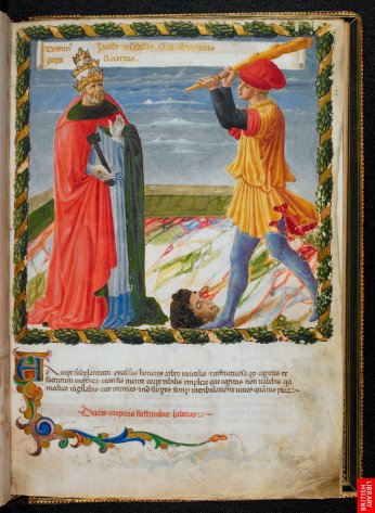 Manuscrit italien du 15ème sur les viies des papes ; ici Jean XXII. Peinture comparable aux Fra Angelico par la délicatesse descouleurs, des modelés et des cieux. Les signes climatiques ( nuages) sont typique de l'inscription progressive dans une réalité.
